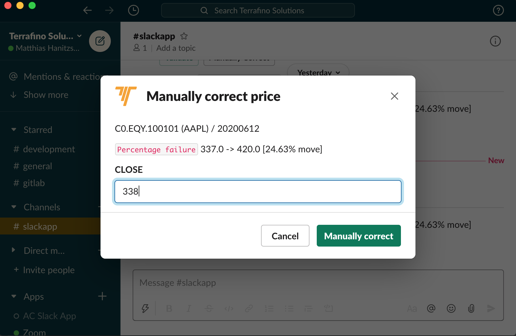 Slack message re suspect price 2